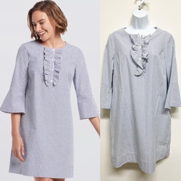Draper James Womens Blue White Seersucker Ruffle Sleeve Collar Shift Dress - Picture 1 of 8